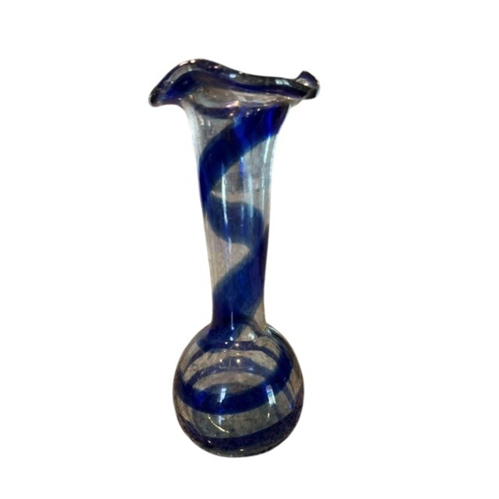 Vintage Hand Blown Clear Art Glass Vase Cobalt Blue Swirl Ribbon Ruffled Rim EUC